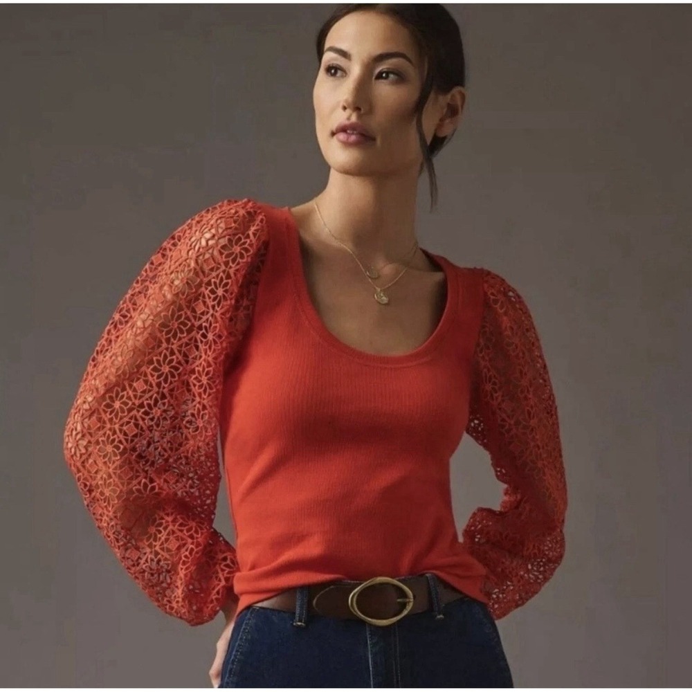 NWOT Anthropologie Maeve Lace-Sleeve Top in Dark Orange Red Sz Medium $88 Retail